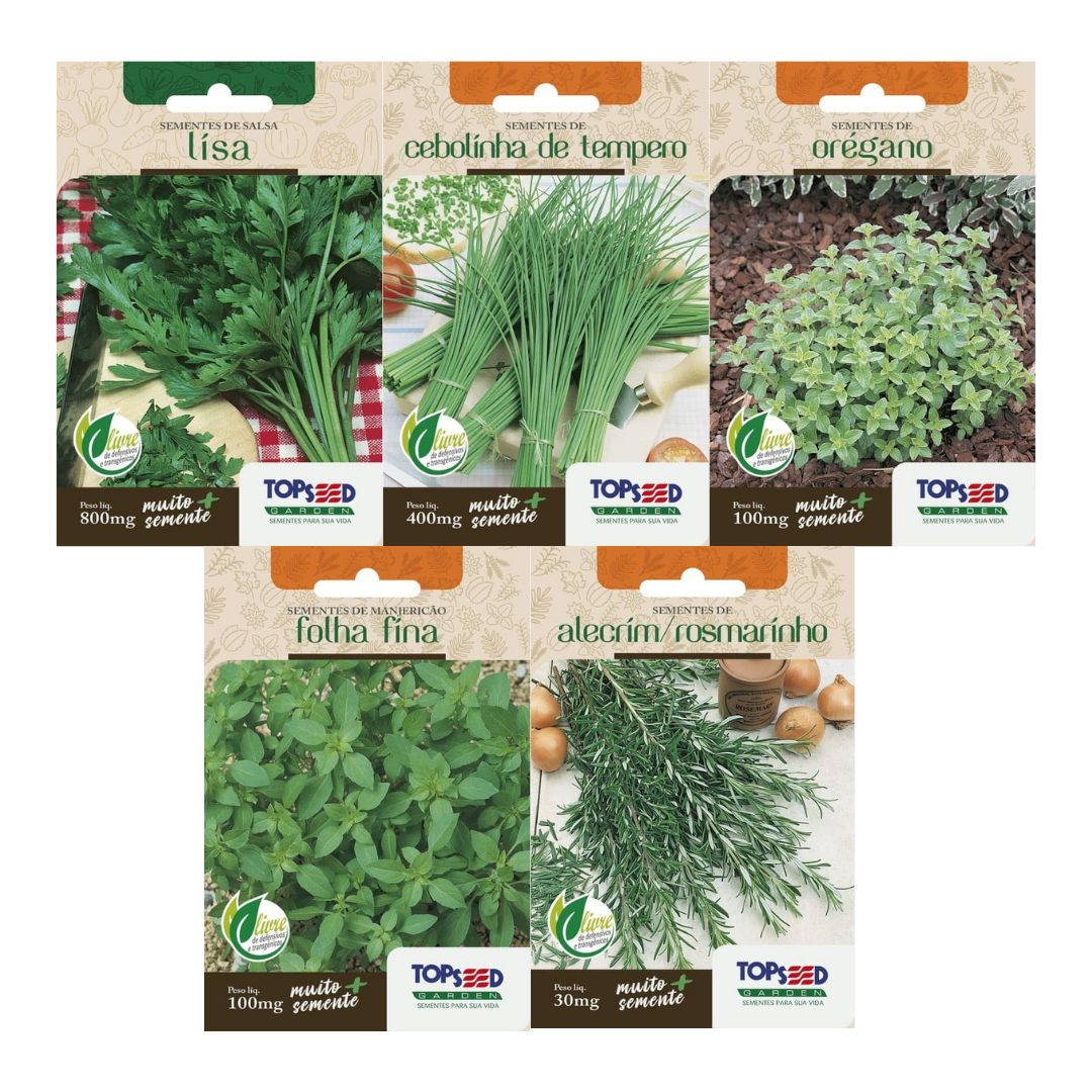 Kit 5 Sementes Horta Caseira | Salsa Lisa, Cebolinha de Tempero, Orégano, Manjericão Folha Fina e Alecrim | Topseed