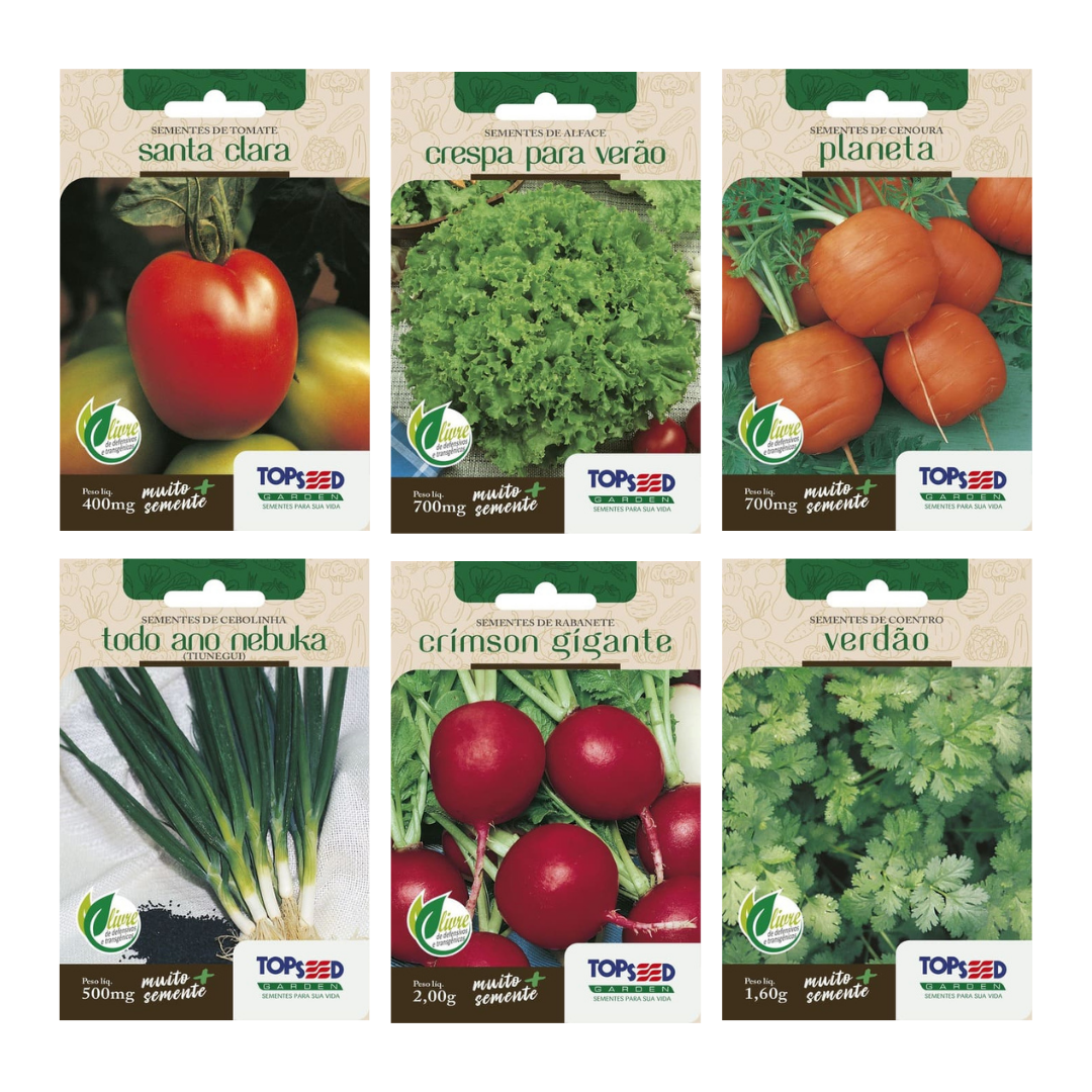 Kit 6 Sementes Horta Completa para Iniciantes | Tomate, Alface, Cenoura, Cebolinha, Rabanete e Coentro
