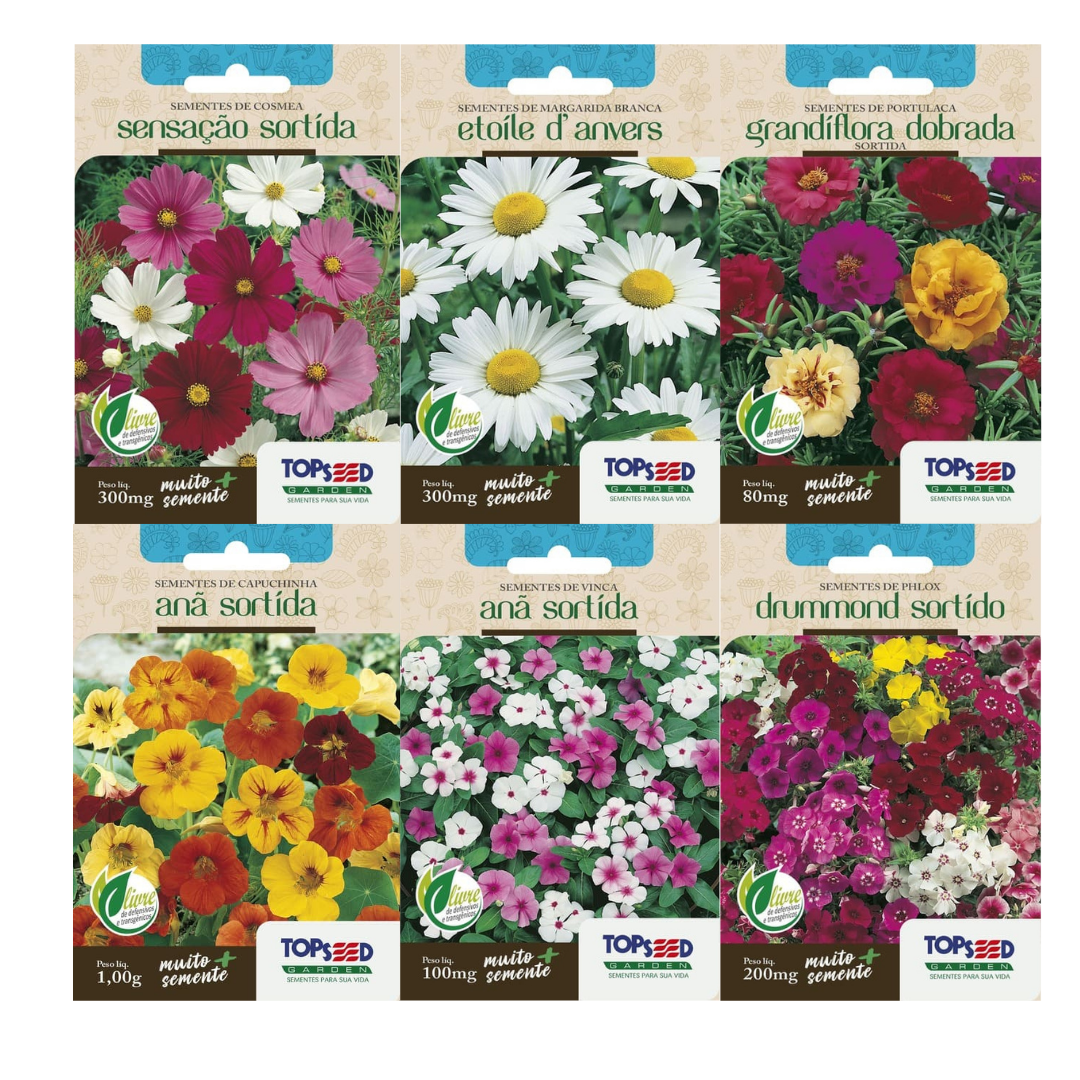 Kit 6 Sementes de Flores | Cosmea, Margarida, Portulaca Onze Horas, Capuchinha, Vinca e Phlox Drummond| Topseed