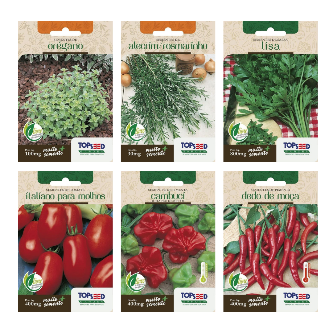 Kit 6 Sementes Horta Gourmet | Orégano, Alecrim, Salsa Lisa, Tomate, Pimenta Cambuci e Dedo-de-Moça