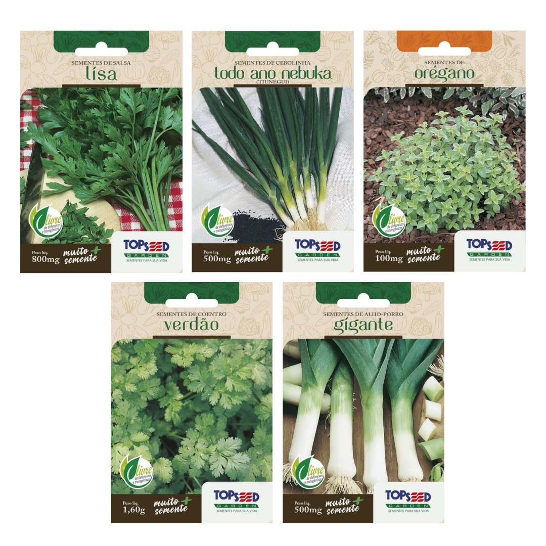 Kit 5 Sementes Horta Caseira | Salsa Lisa, Cebolinha Todo Ano, Coentro Verdão, Orégano e Alho Porro