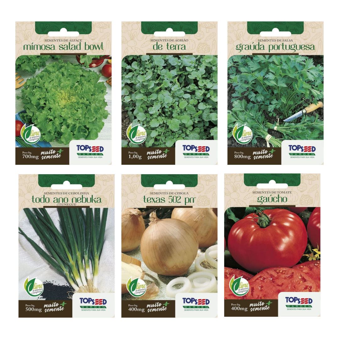 Kit 6 Sementes Horta Caseira | Alface Mimosa, Agrião da Terra, Salsa Portuguesa, Cebolinha, Cebola Texas e Tomate Gaúcho