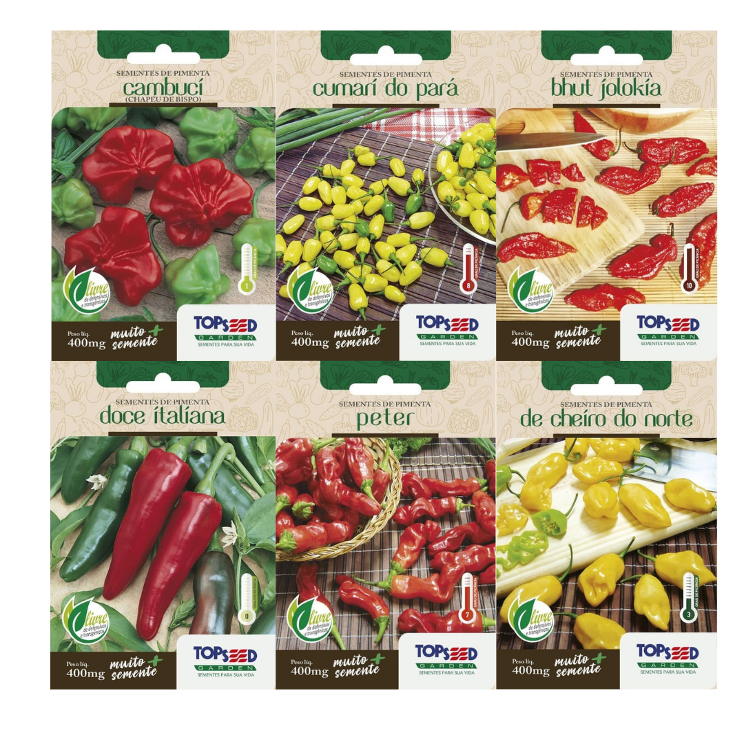 Kit 6 Sementes de Pimenta – Cambuci, Cumari do Pará, Bhut Jolokia, Doce Italiana, Peter e Cheiro do Norte
