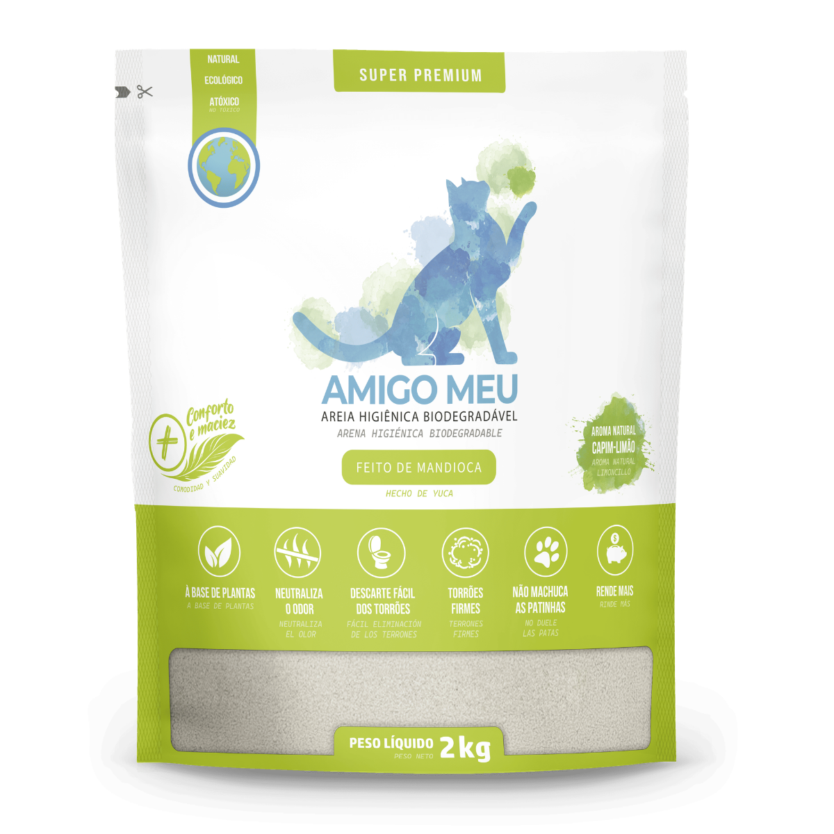 Areia Gato Biodegradável Amigo Meu Capim-Limão | Mandioca 2Kg