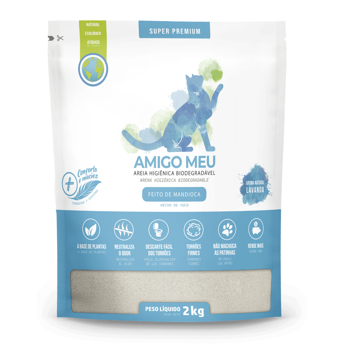 Areia Gato Biodegradável Amigo Meu Lavanda | Mandioca 2Kg