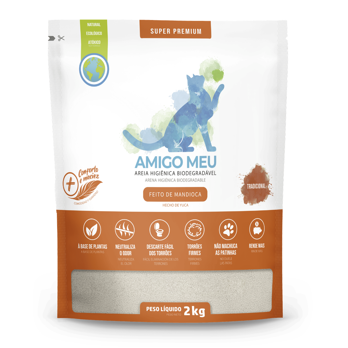 Areia Gato Biodegradável Amigo Meu | Mandioca 2Kg