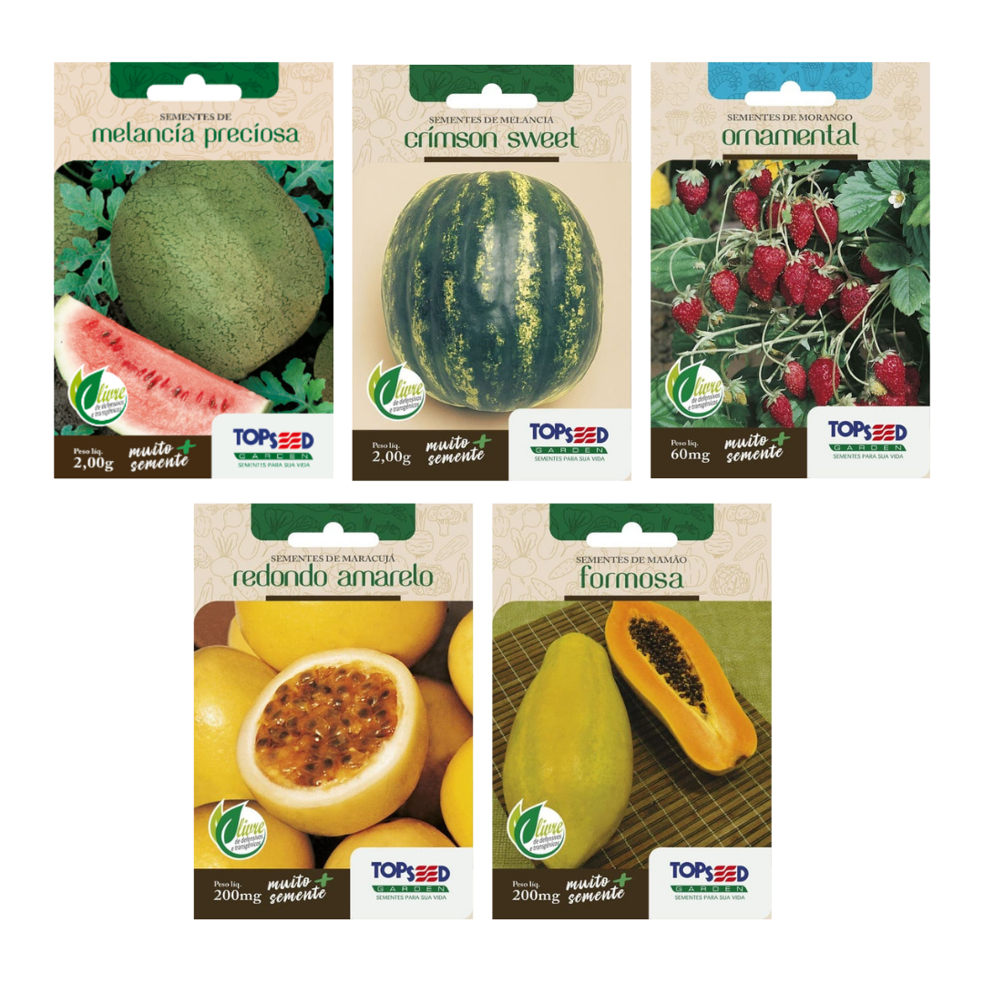 Kit 5 Sementes de Frutas | Melancias, Morango, Maracujá e Mamão