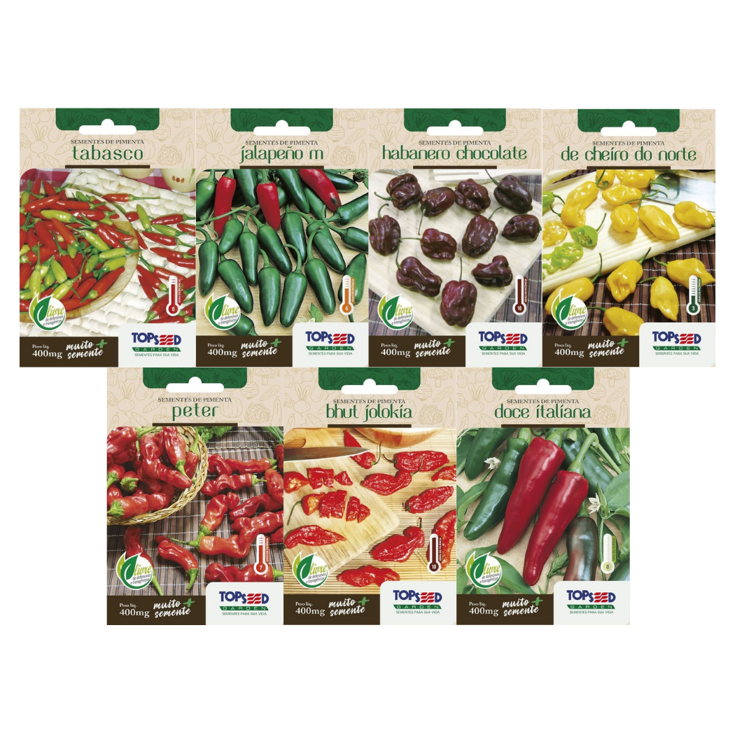 Kit 7 Sementes de Pimentas | Tabasco, Jalapeño, Peter, Bhut, Habanero Chocolate, Cheiro do Norte e Doce Italiana