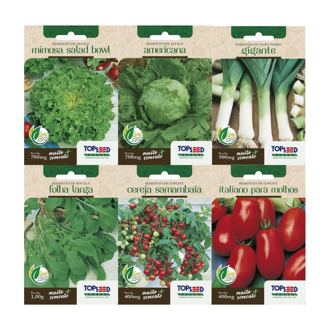 Kit 6 Sementes Hortaliças | Alface Mimosa e Americana, Tomate Cereja e Italiano, Rúcula e Alho Porro | Topseed 