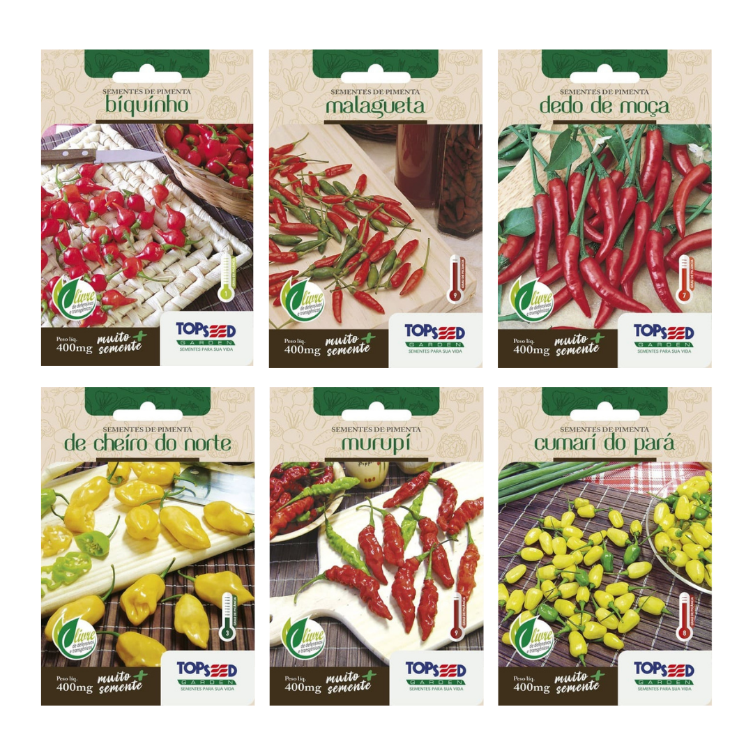 Kit 6 Sementes de Pimenta – Biquinho Vermelha, Malagueta, Dedo de Moça, Cheiro do Norte, Murupi e Cumari